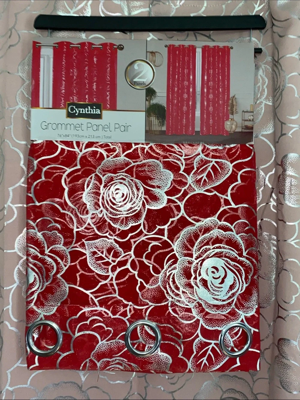 Cynthia 2-Piece Grommet Window Curtain Panel Pair Silver Floral Rose Red 76 X 84